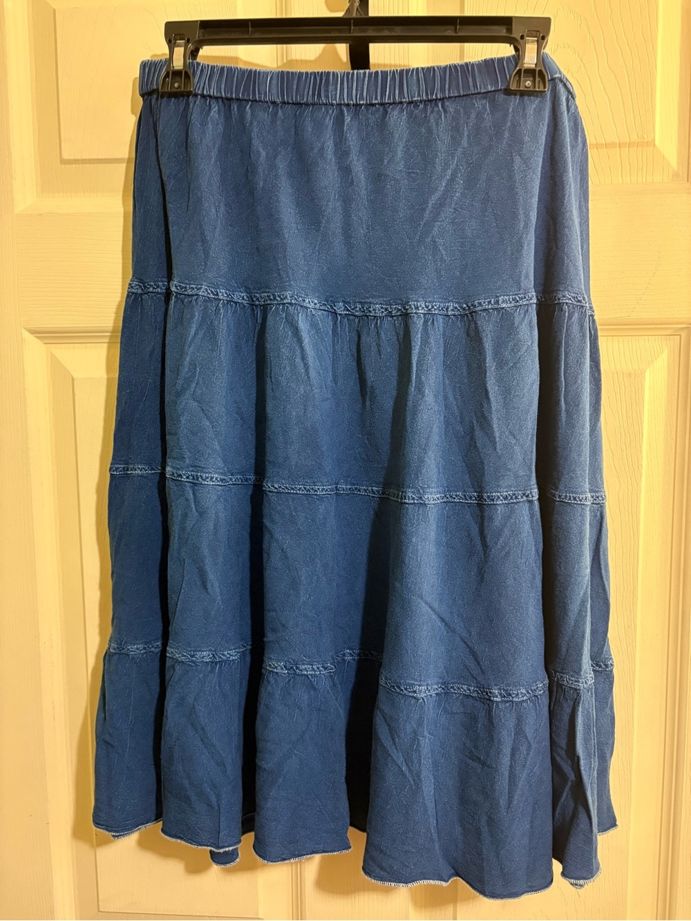 Studio West Indigo Chambray Look Tiered Midi Skirt Boho Gypsy Breezy